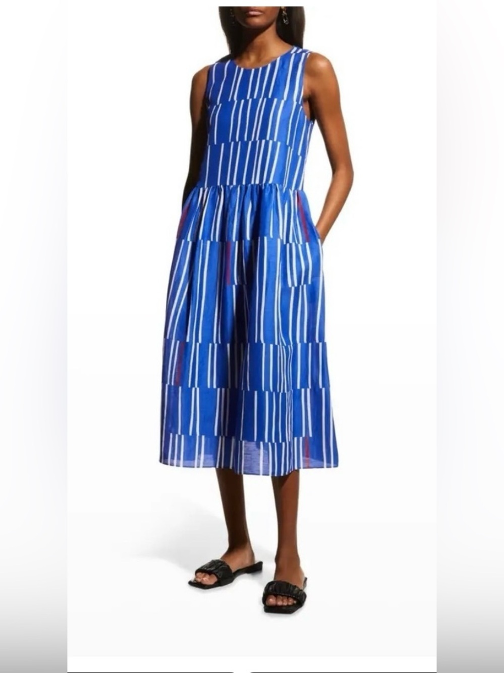 Lafayette 148 Cass Lapis blue multi stripe midi dress size L